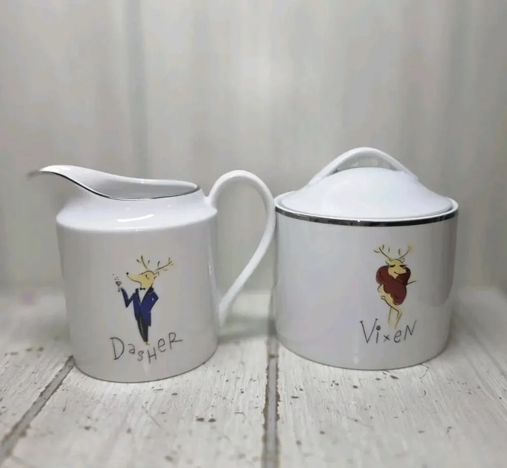 Vtg Pottery Barn Christmas Reindeer Dasher Vixen Creamer & Sugar Bowl Japan NIB